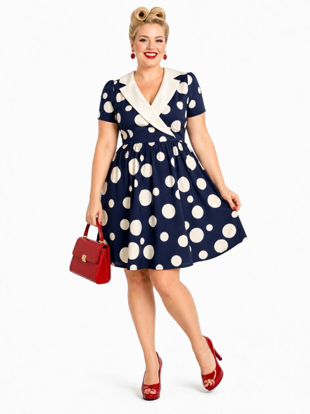 Bea & Dot ModCloth Polka Dot Fit Flare Retro Dress Navy Size L Rockabilly Pinup